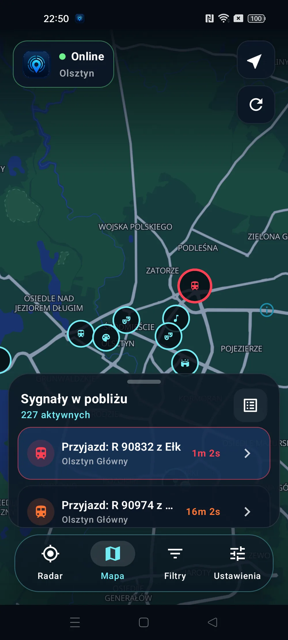 Rzeczywista mapa TaxiSignal na Androidzie bez otwartych szczegółów miejsca